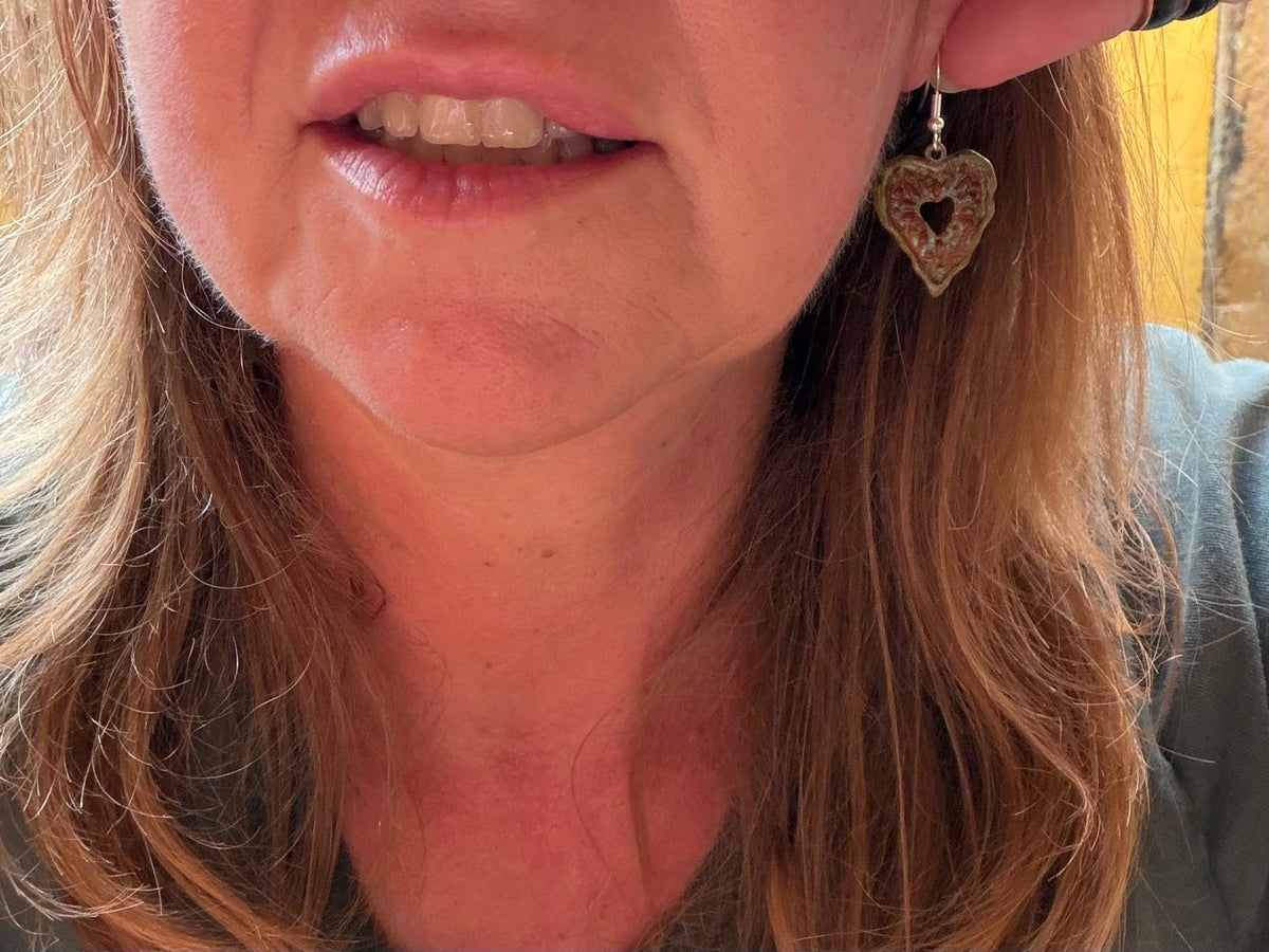 Handmade heart earrings. Rustic earrings, unusual earrings, unusual gift for her, red earrings, boho earrings, heart jewellery, hippy gift