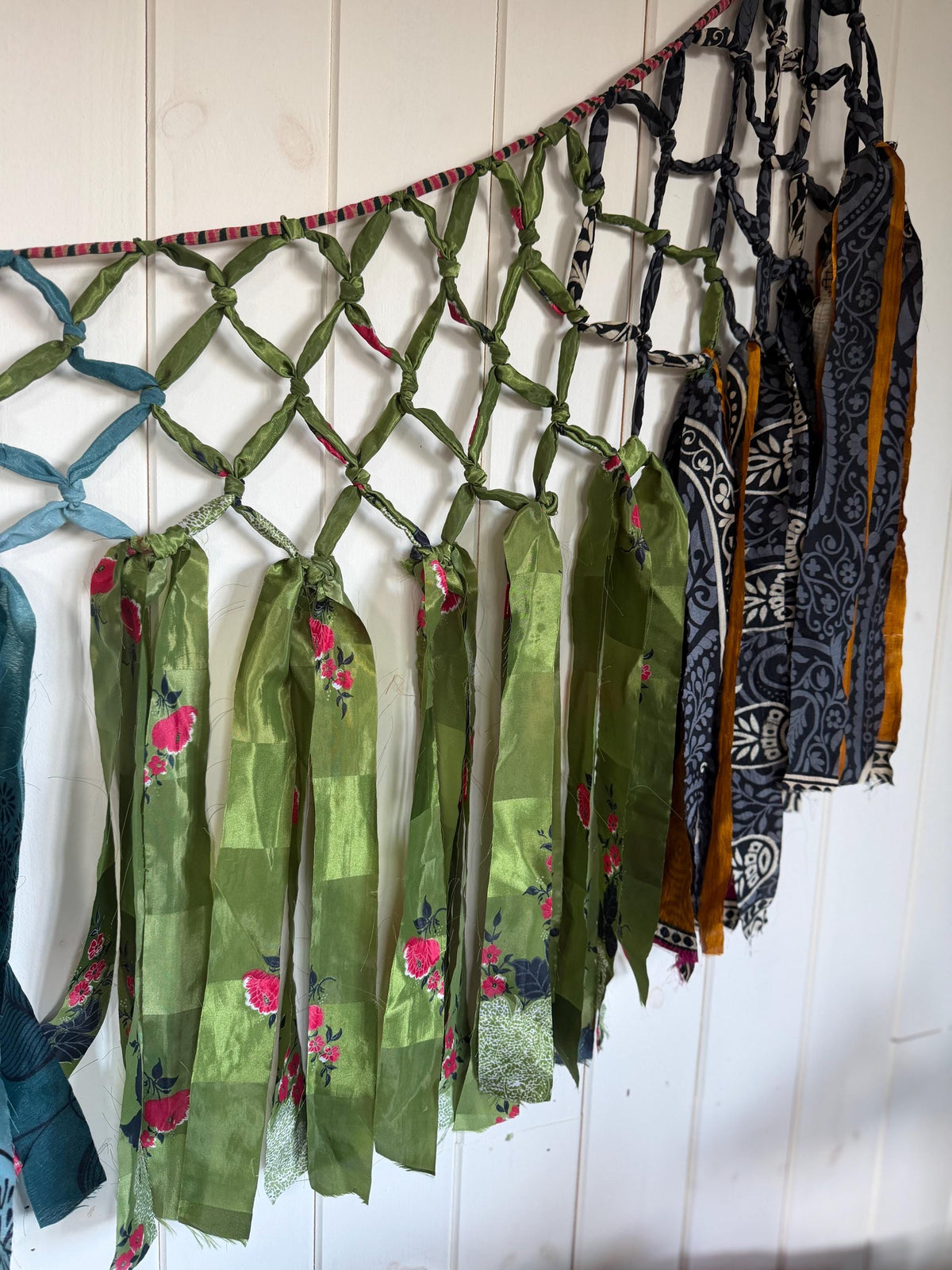 Beautiful recycled room decoration. Eco friendly wall hanging. Yurt decoration. Yoga room. Ethical home decor. Recycled sari wall art.