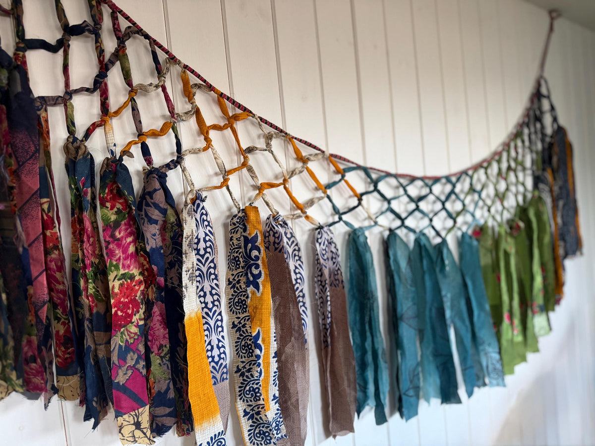 Beautiful recycled room decoration. Eco friendly wall hanging. Yurt decoration. Yoga room. Ethical home decor. Recycled sari wall art.