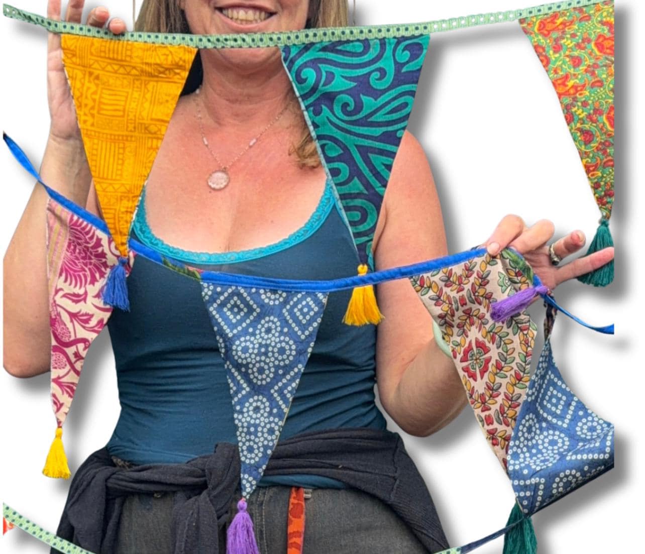 Recycled bunting with long ties and tassels. Boho bunting for home, garden and parties. Party flags with tassels.  Colourful  & eco friendly