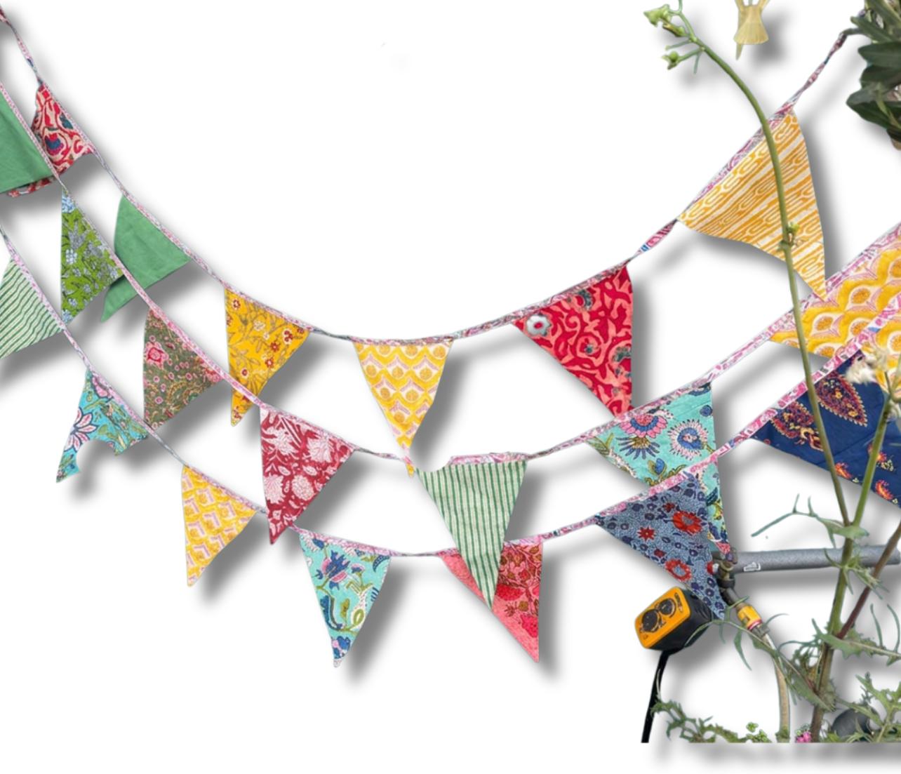 Colourful organic cotton bunting with long ties. Boho bunting for home, garden and parties. Party flags. Wedding bunting. Garden parties.