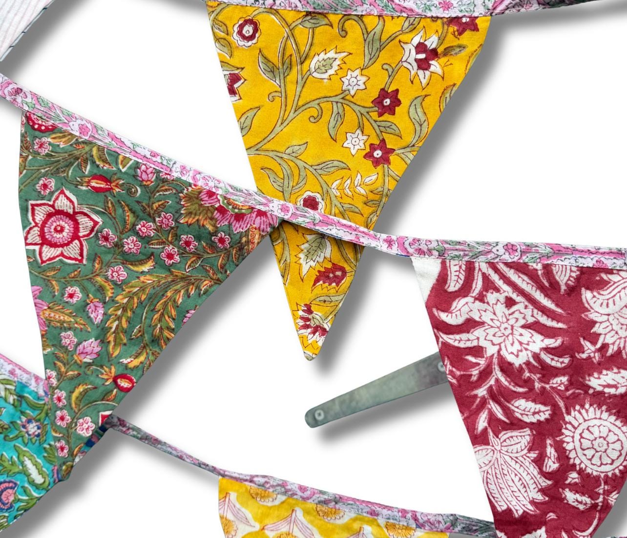 Colourful organic cotton bunting with long ties. Boho bunting for home, garden and parties. Party flags. Wedding bunting. Garden parties.