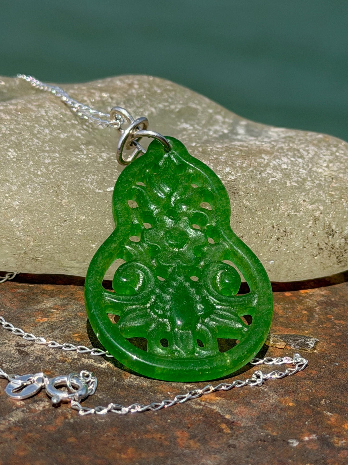 Carved jade necklace. Jade pendant. Unusual green gemstone necklace. Boho jewellery. Handmade jade jewellery.