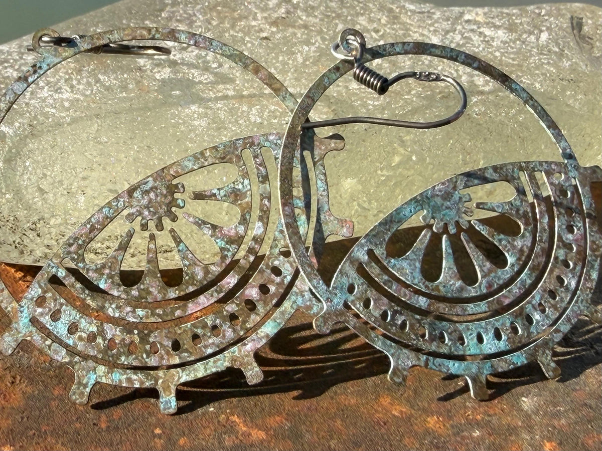 Handmade patina earrings. Rustic earrings, unusual earrings, unusual gift for her, blue earrings, boho earrings, patina jewellery. Hoops.