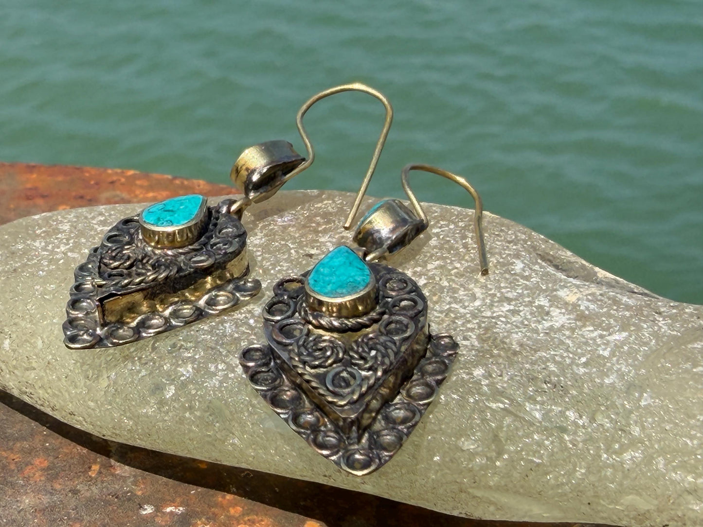 Vintage turquoise earrings, turquoise jewellery, ethical jewellery, gypsy earrings. Eco friendly jewellery. Ethical jewellery.