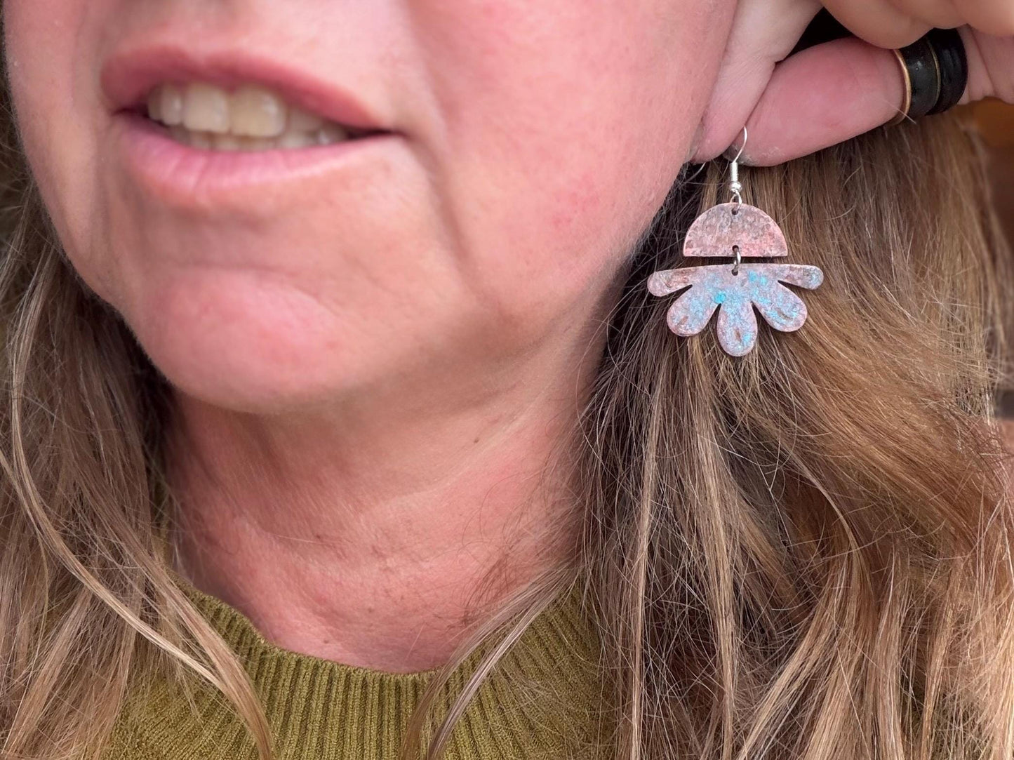 Handmade flower earrings. Rustic earrings, unusual earrings, unusual gift for her, blue earrings, boho earrings, leaf jewellery, hippy gift