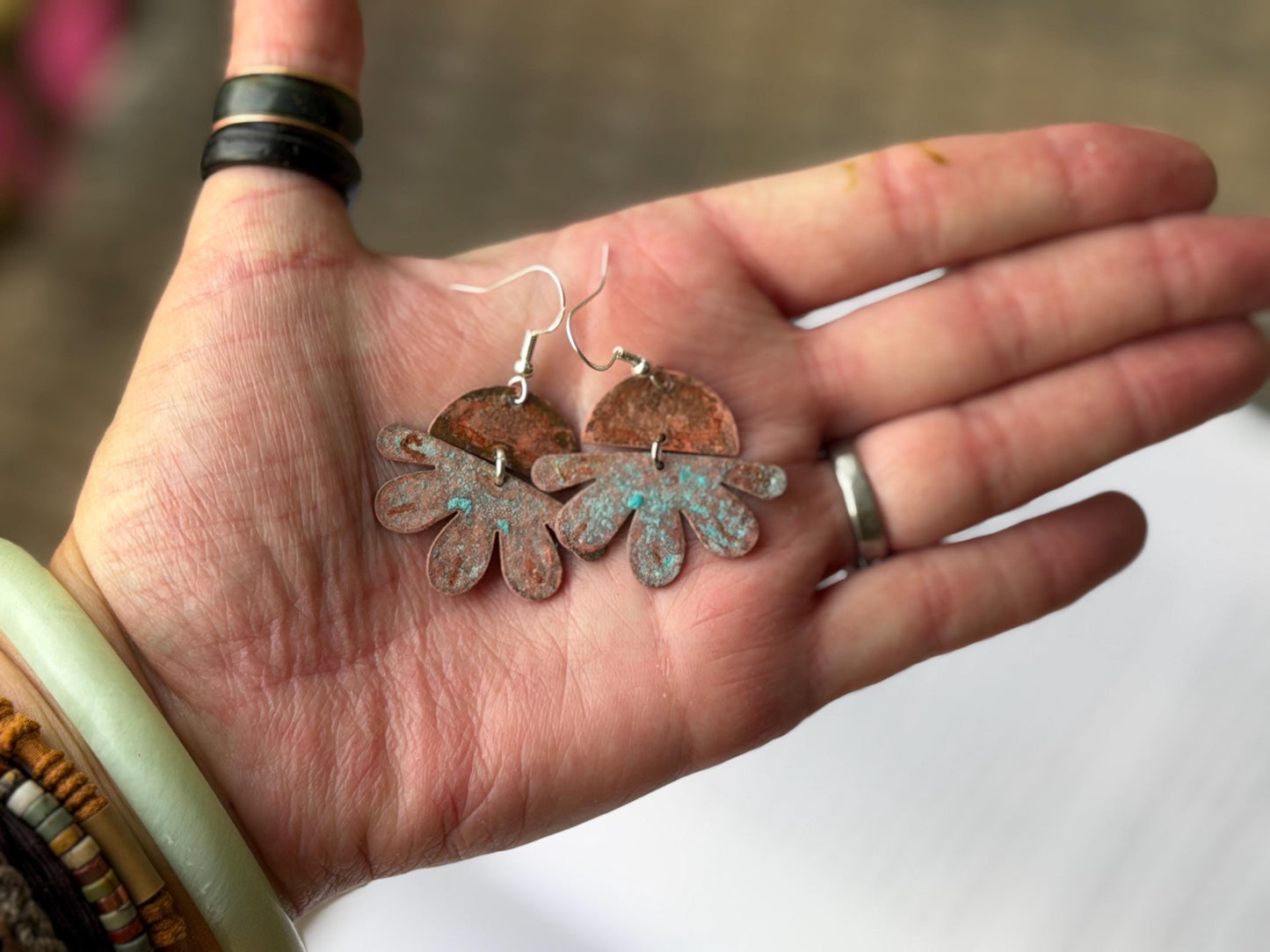 Handmade flower earrings. Rustic earrings, unusual earrings, unusual gift for her, blue earrings, boho earrings, leaf jewellery, hippy gift