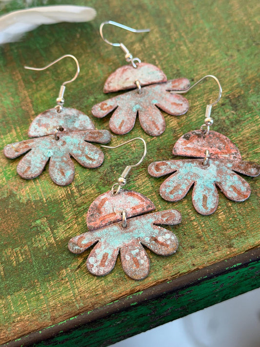 Handmade flower earrings. Rustic earrings, unusual earrings, unusual gift for her, blue earrings, boho earrings, leaf jewellery, hippy gift
