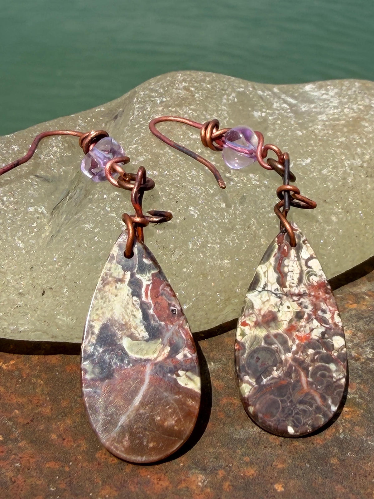 Picasso jasper gemstone earrings. Ethical jewellery, orange gemstone earrings. Stunning unique jewellery. Eco friendly unique earrings.