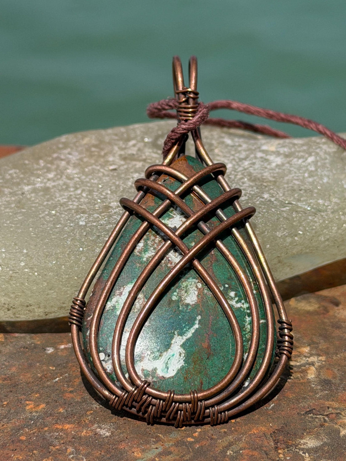 Eco friendly handmade necklace made from ethical Jasper & naturally weathered recycled copper. Ethical jewellery. Unique handmade jewellery.
