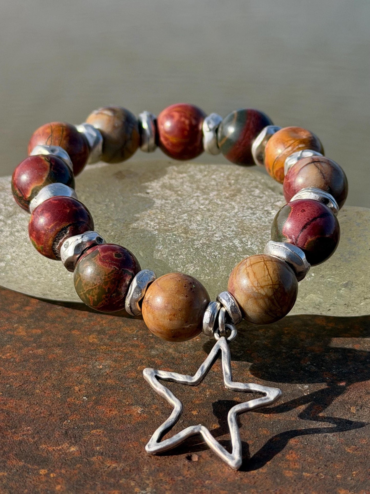 Picasso jasper gemstone bracelet. Rusty reds, oranges and greens. Ethical jewellery, handmade unique jewellery. Earrhy orange bracelet.