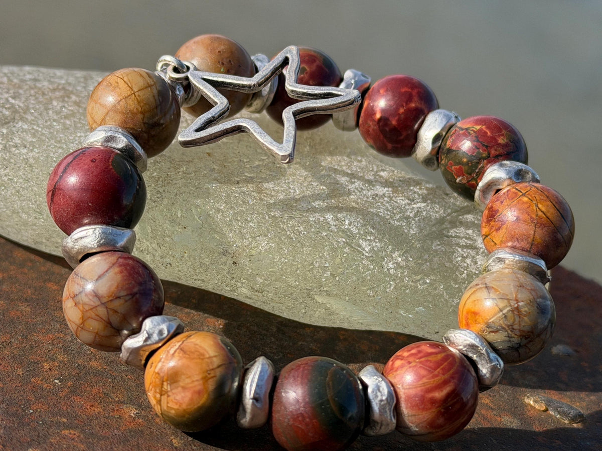 Picasso jasper gemstone bracelet. Rusty reds, oranges and greens. Ethical jewellery, handmade unique jewellery. Earrhy orange bracelet.