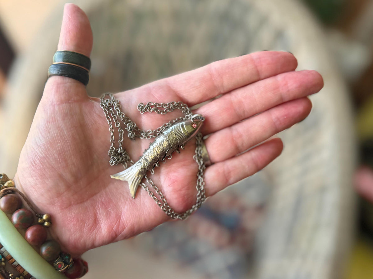 Articulated fish necklace. Vintage necklace, boho necklace, ethical jewellery, eco friendly necklace, gift for her, fish pendant for him