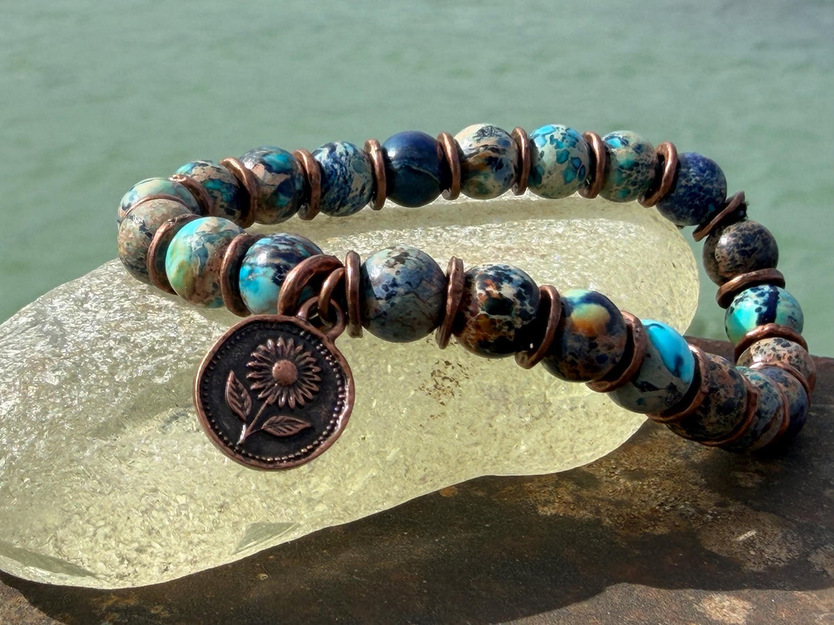 Ocean jasper gemstone bracelet, handmade gift for him or her. Ethical jewellery, handmade unique jewellery. Unusual gifts for women