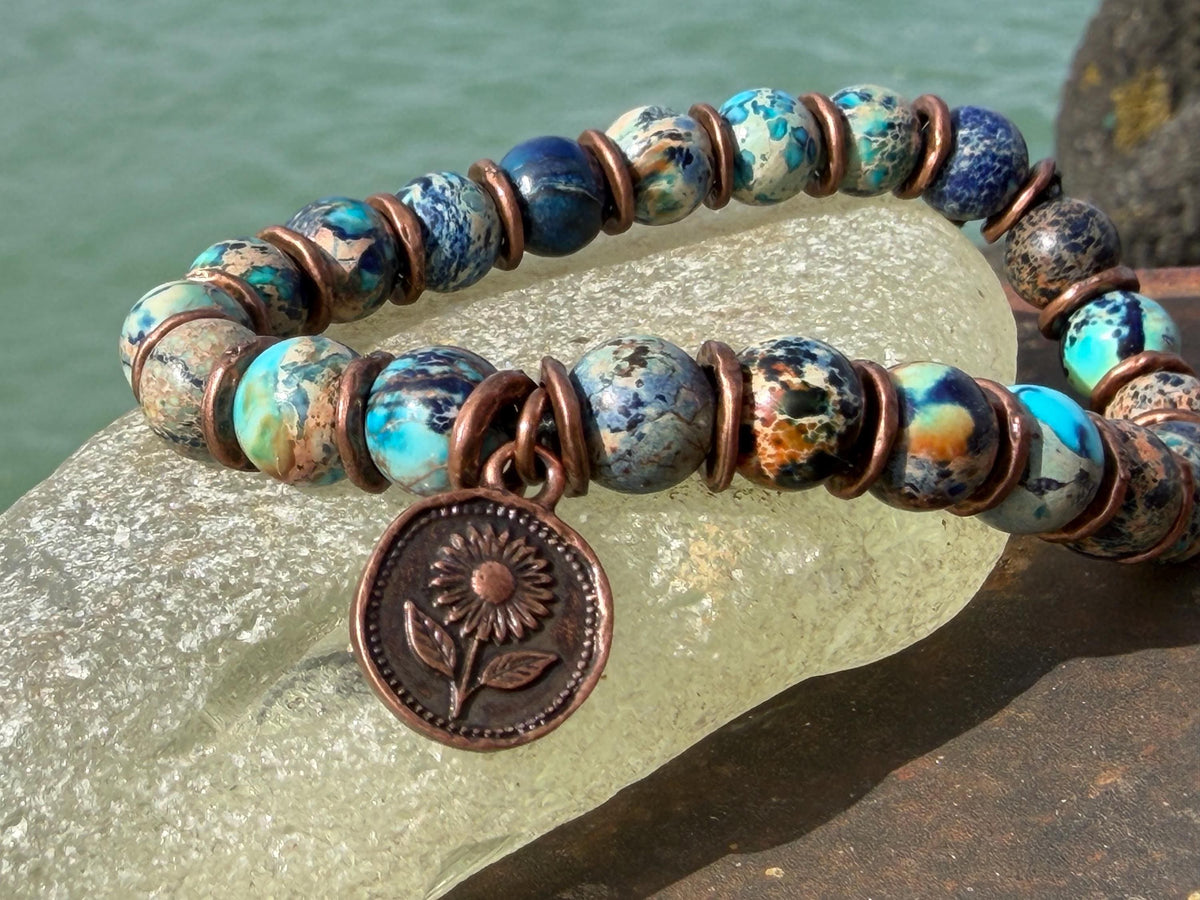 Ocean jasper gemstone bracelet, handmade gift for him or her. Ethical jewellery, handmade unique jewellery. Unusual gifts for women