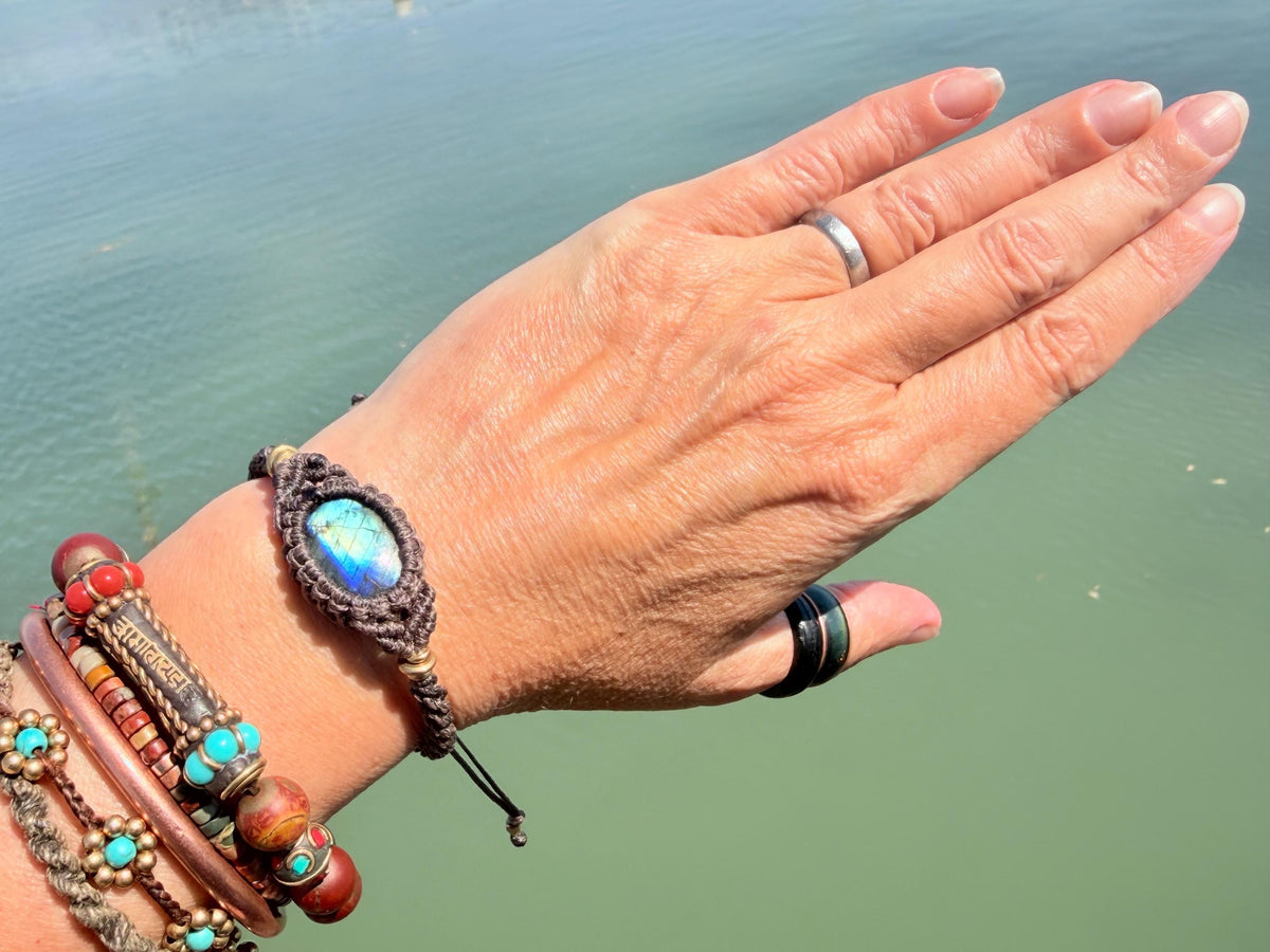 Stunning macrame wrapped peacock labradorite bracelet, ethical jewellery, unusual jewellery, macrame jewellery.  gemstone macrame bracelet.