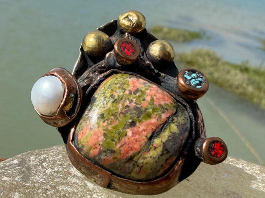 Unusual jasper ring. Very large gemstone ring on a brass base. Statement jewellery. Green ring. Unique jewellery. Handcrafted.