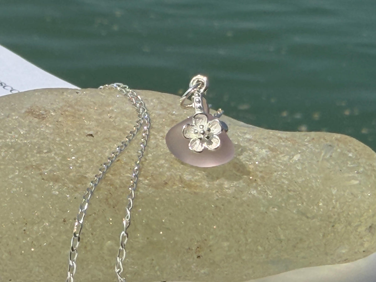 Dainty little recycled glass necklace within sterling silver flower. Recycled necklace. Ethical jewellery. glass pendant. Eco friendly gifts