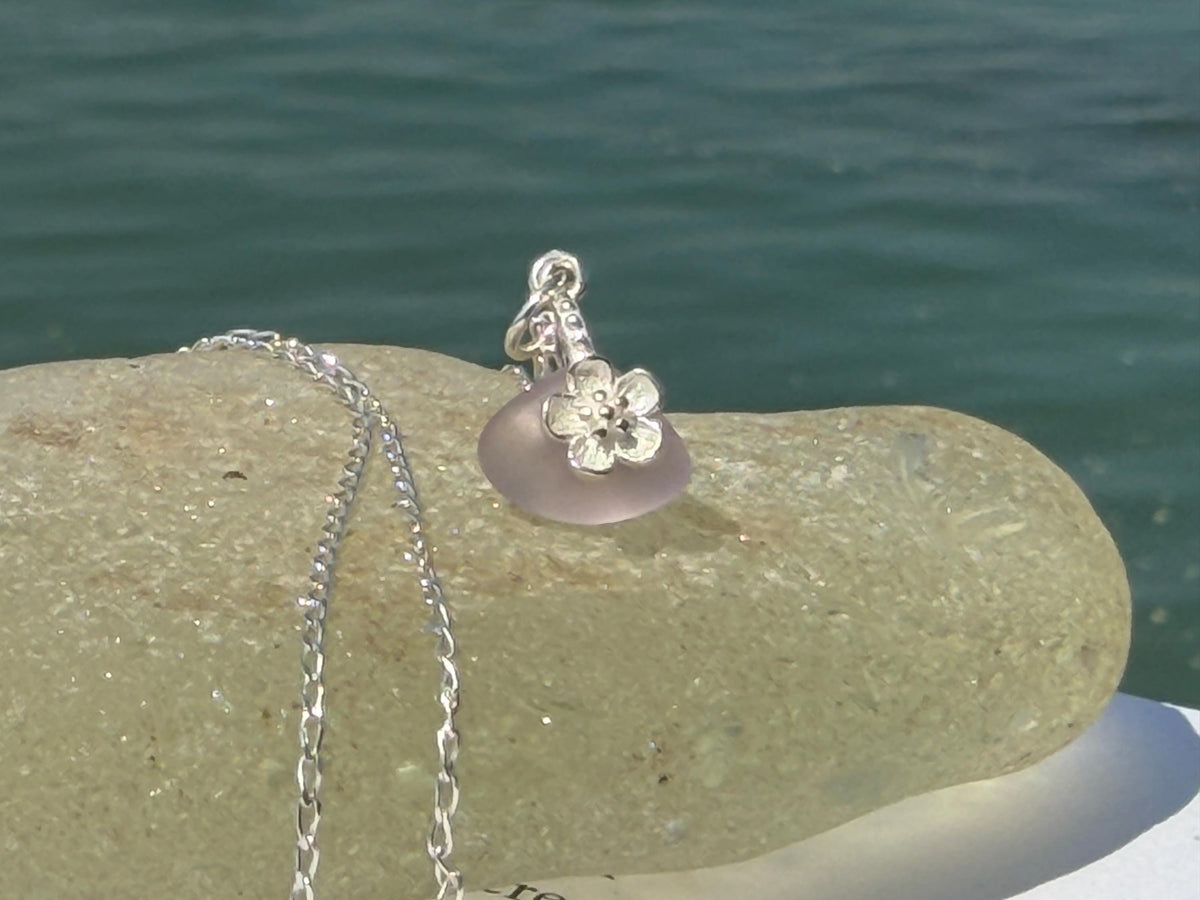 Dainty little recycled glass necklace within sterling silver flower. Recycled necklace. Ethical jewellery. glass pendant. Eco friendly gifts
