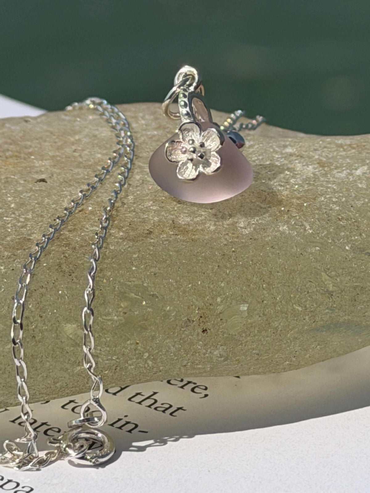 Dainty little recycled glass necklace within sterling silver flower. Recycled necklace. Ethical jewellery. glass pendant. Eco friendly gifts
