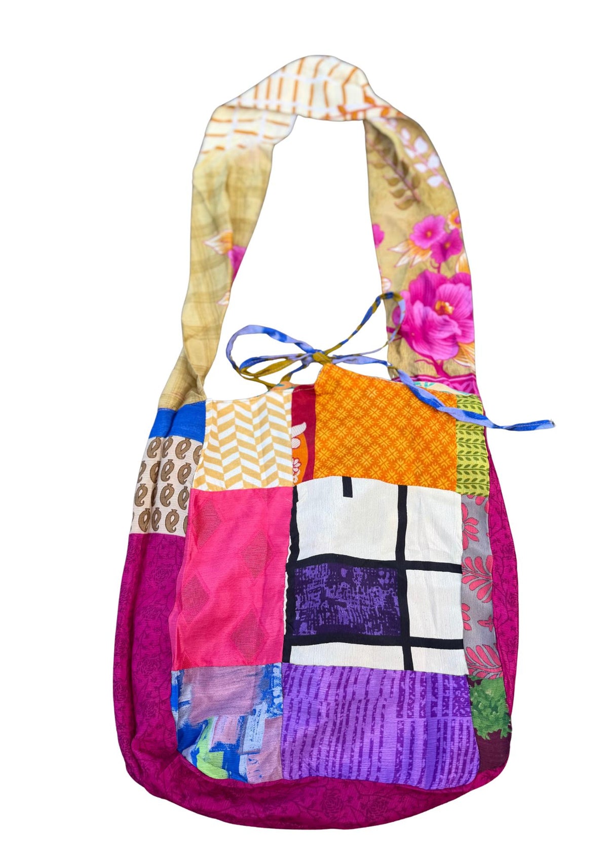 Large recycled sari bag with safety tie.  Ethical draw string bags. Bright colourful eco friendly bag. Recycled shopping bag. Eco gifts.