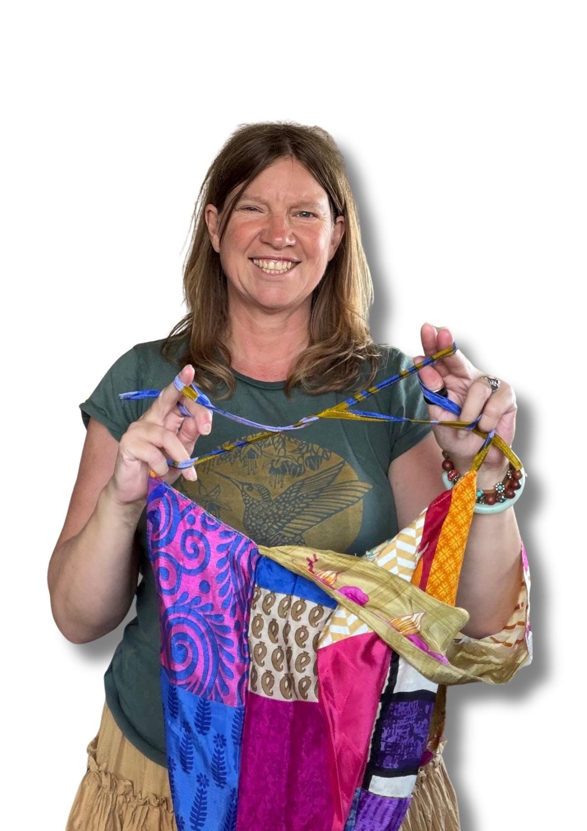 Large recycled sari bag with safety tie.  Ethical draw string bags. Bright colourful eco friendly bag. Recycled shopping bag. Eco gifts.