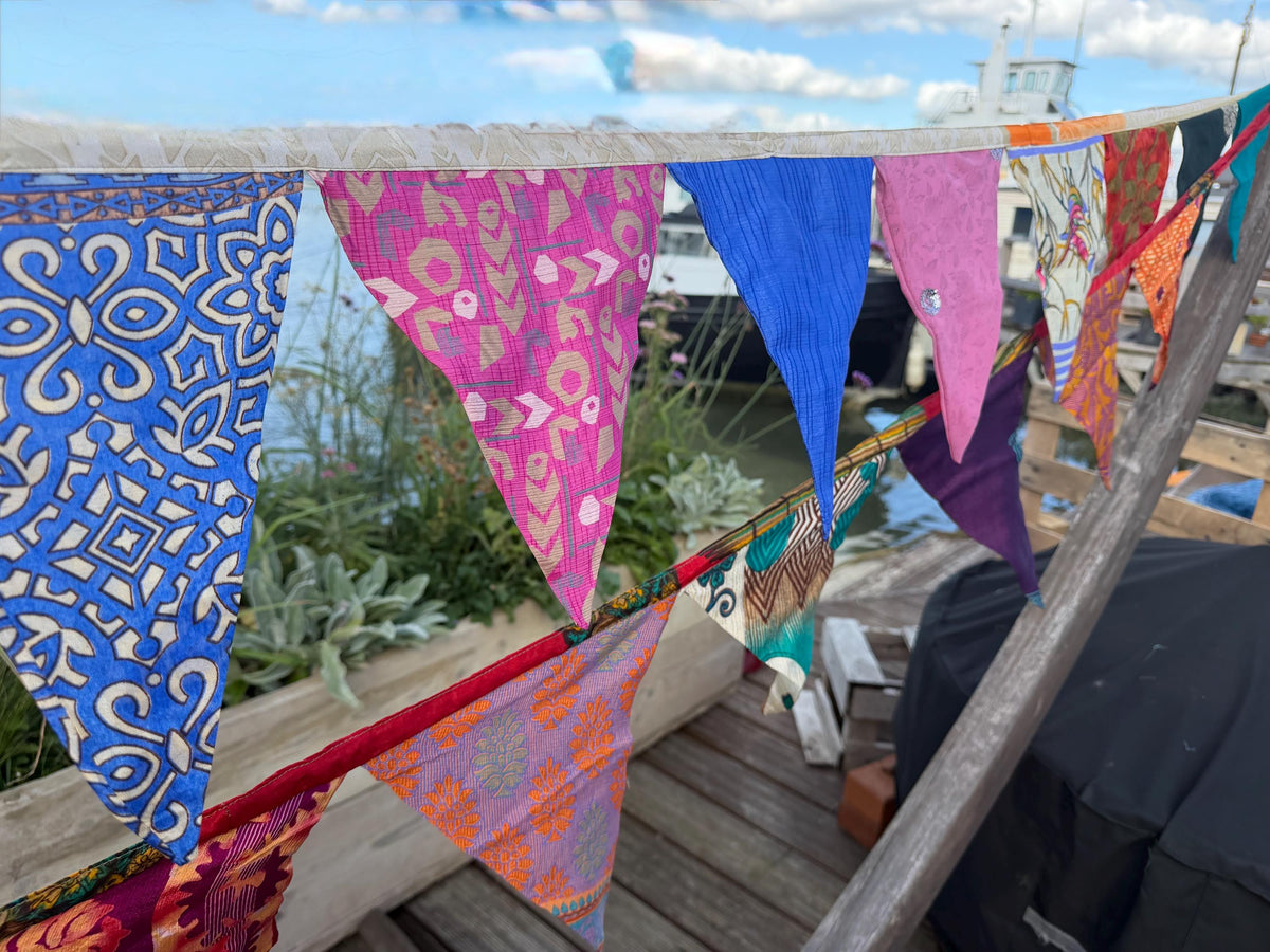 LONG MULTI-COLOURED bunting. Party decs, wedding bunting, recycled sari bunting.  Double length silk sari bunting. Eco friendly and handmade