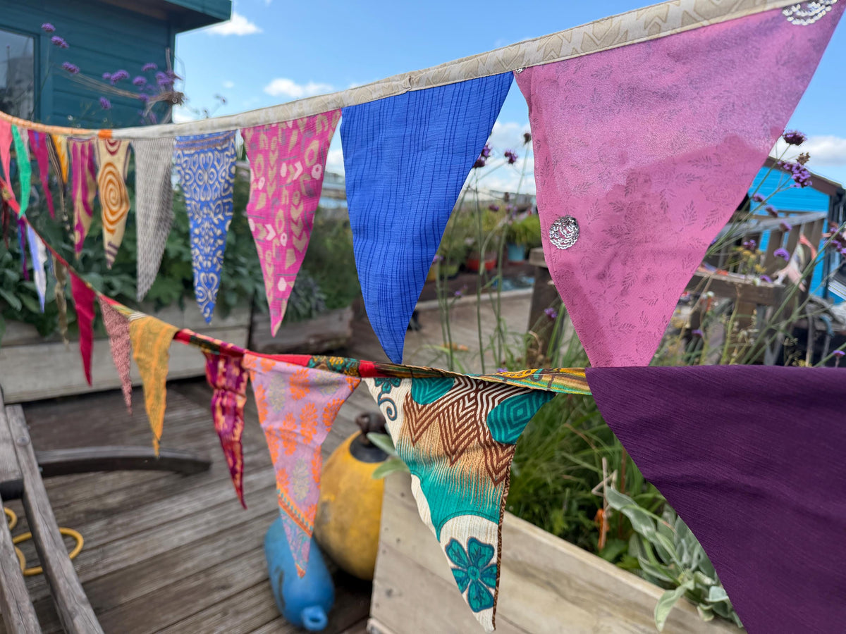 LONG MULTI-COLOURED bunting. Party decs, wedding bunting, recycled sari bunting.  Double length silk sari bunting. Eco friendly and handmade