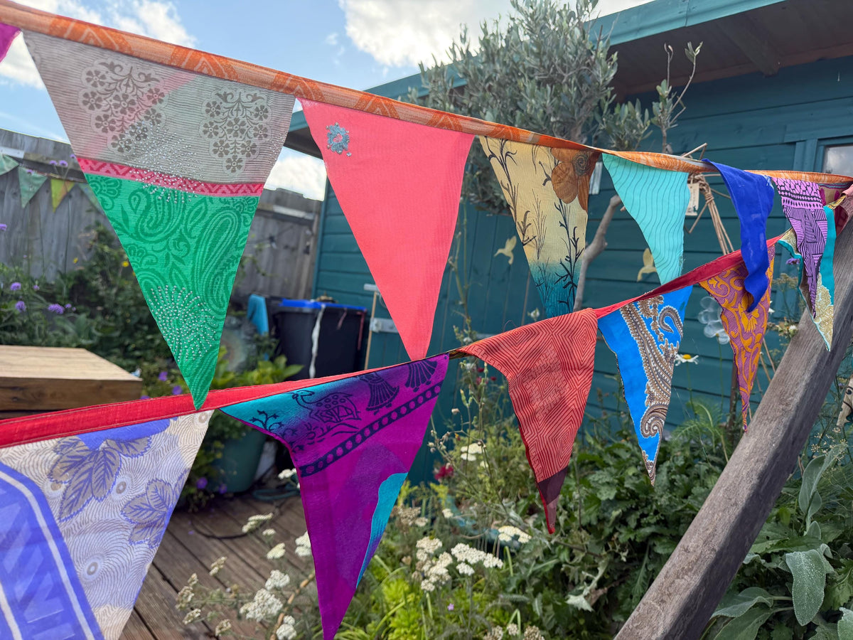 LONG MULTI-COLOURED bunting. Party decs, wedding bunting, recycled sari bunting.  Double length silk sari bunting. Eco friendly and handmade