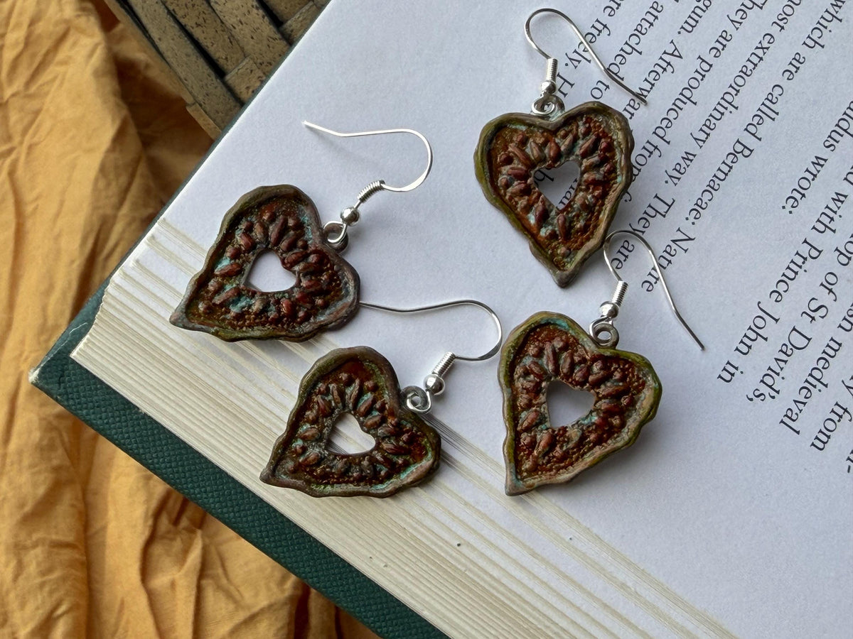 Handmade heart earrings. Rustic earrings, unusual earrings, unusual gift for her, red earrings, boho earrings, heart jewellery, hippy gift