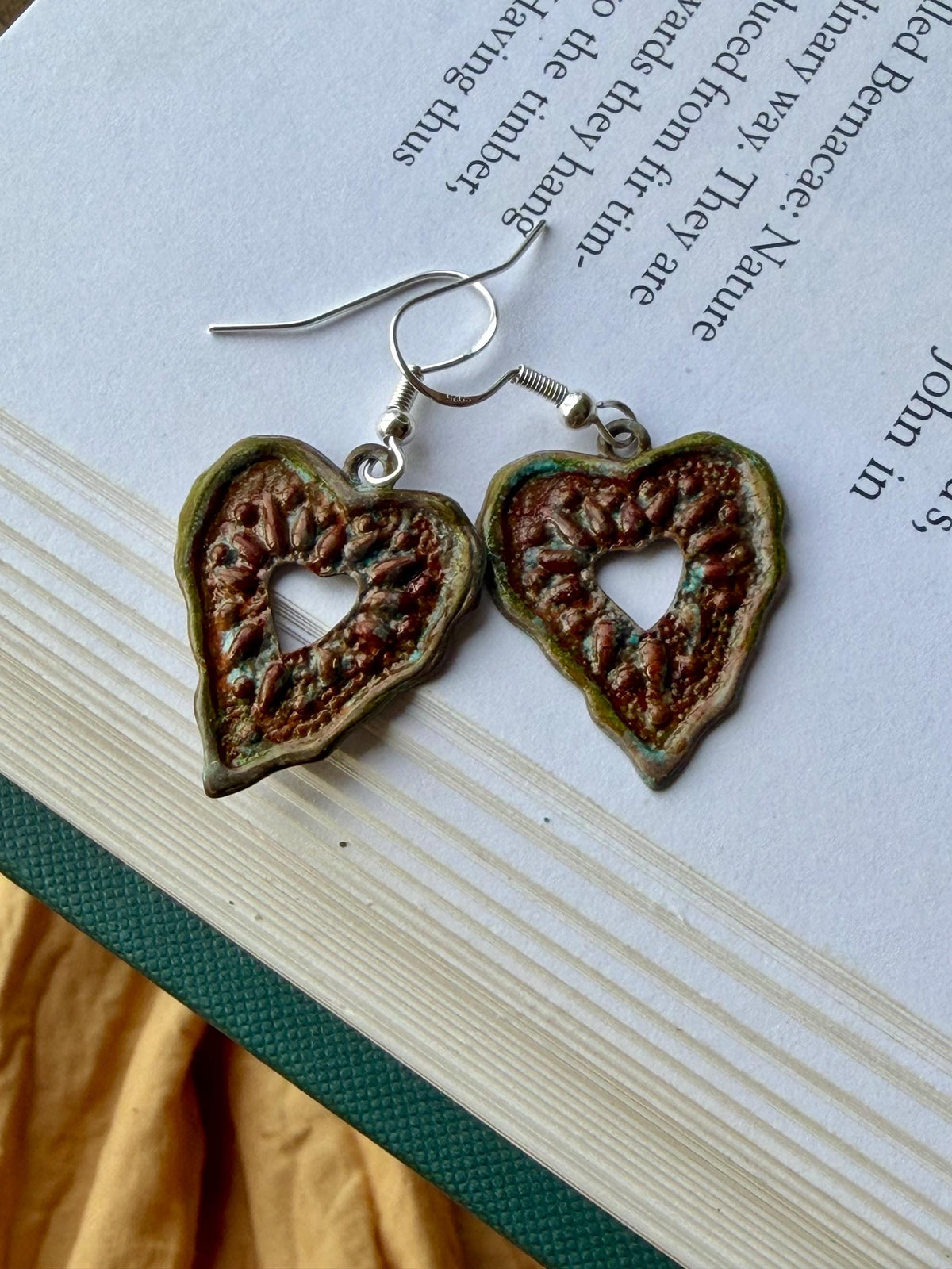 Handmade heart earrings. Rustic earrings, unusual earrings, unusual gift for her, red earrings, boho earrings, heart jewellery, hippy gift