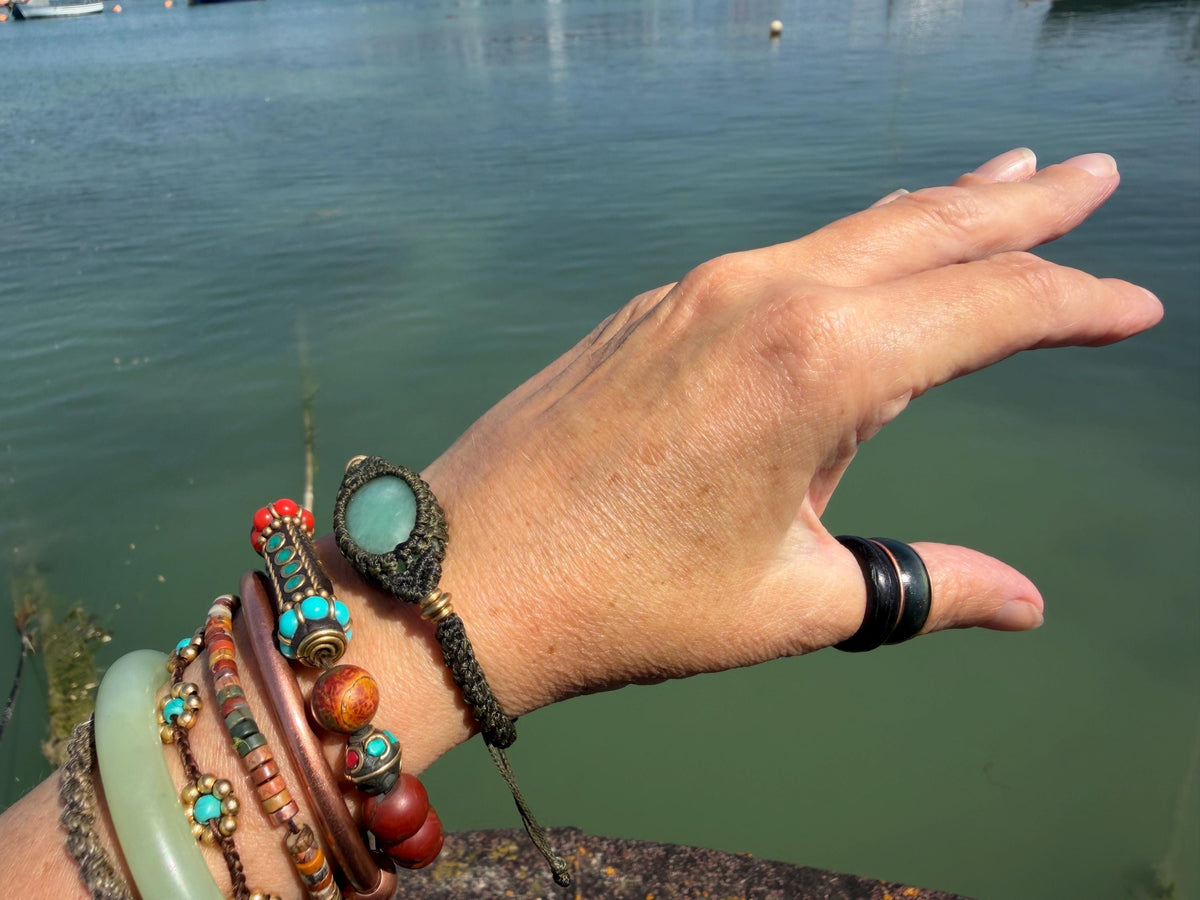Stunning macrame wrapped aventurine bracelet, ethical jewellery, unusual jewellery, macrame jewellery. Green macrame bracelet Boho jewellery