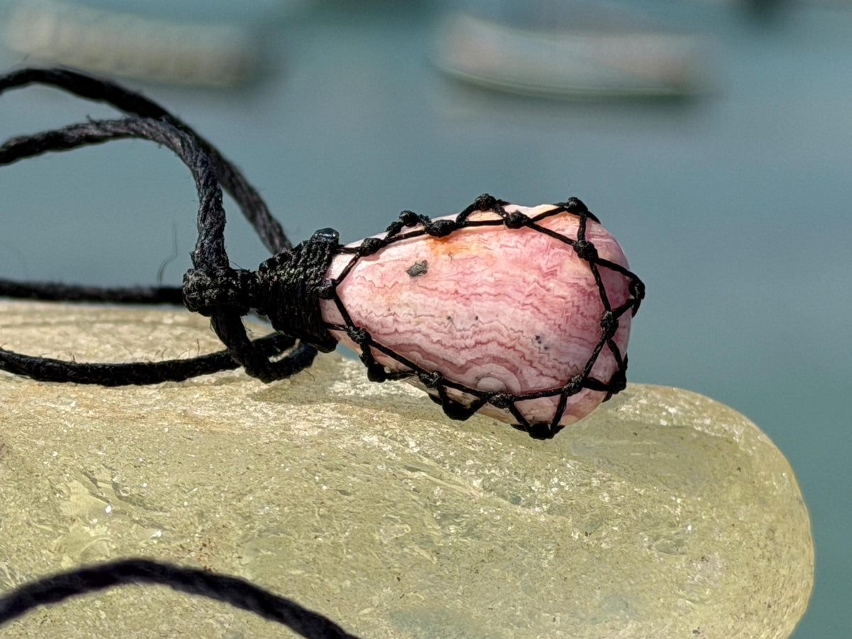 Eco friendly handmade necklace made from Rhodochrosite & sustainable hemp. Ethical jewellery. Unique handmade jewellery. Pink necklaces.