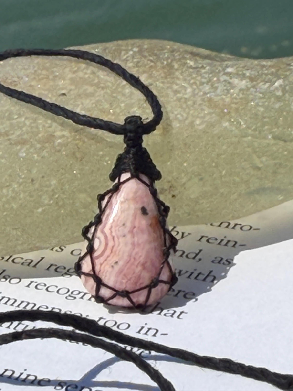 Eco friendly handmade necklace made from Rhodochrosite & sustainable hemp. Ethical jewellery. Unique handmade jewellery. Pink necklaces.