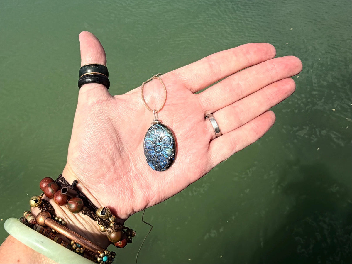 Carved labradorite necklace on recycled silver. Boho necklace, ethical jewellery, eco friendly necklace, gift for her, labradorite flower.