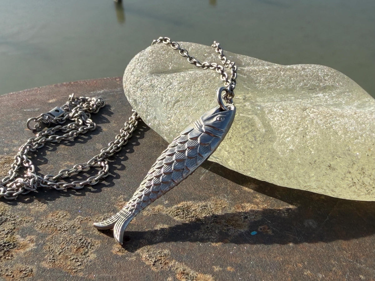 Vintage fish necklace. Vintage necklace, boho necklace, ethical jewellery, eco friendly necklace, gift for her, fish pendant for him