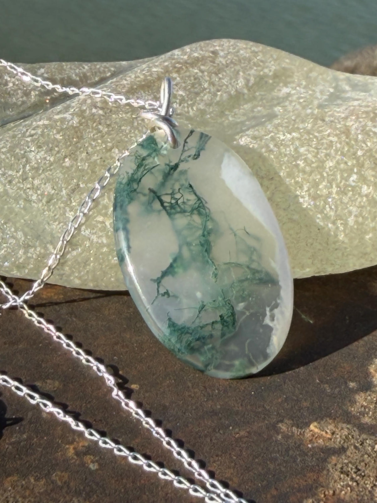 Moss agate necklace, moss agate pendant, large gemstone necklace, green gemstone, gift for gardener. Handmade necklace, boho gift for her