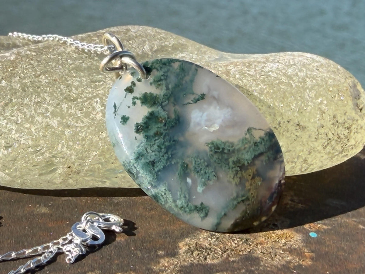 Moss agate necklace, moss agate pendant, large gemstone necklace, green gemstone, gift for gardener. Handmade necklace, boho gift for her