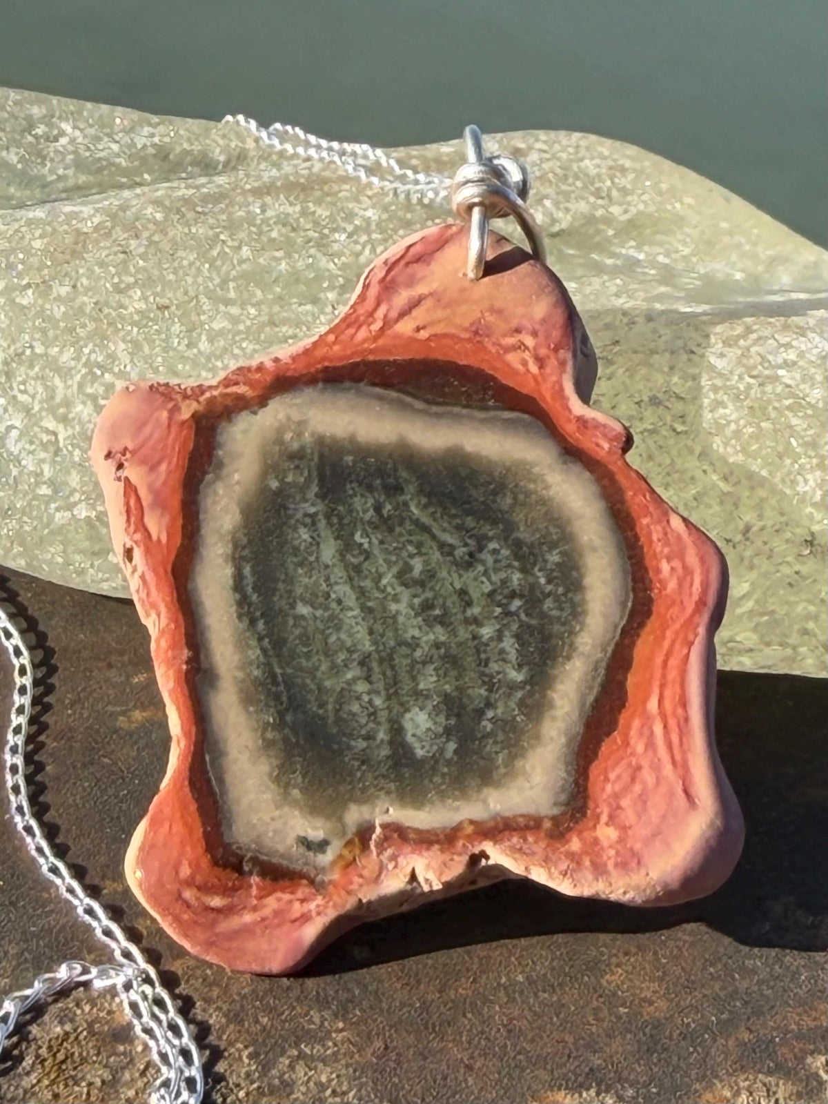 Eco friendly handmade necklace made from Rhodochrosite & recycled silver. Ethical jewellery. Unique handmade jewellery. Orange necklaces.