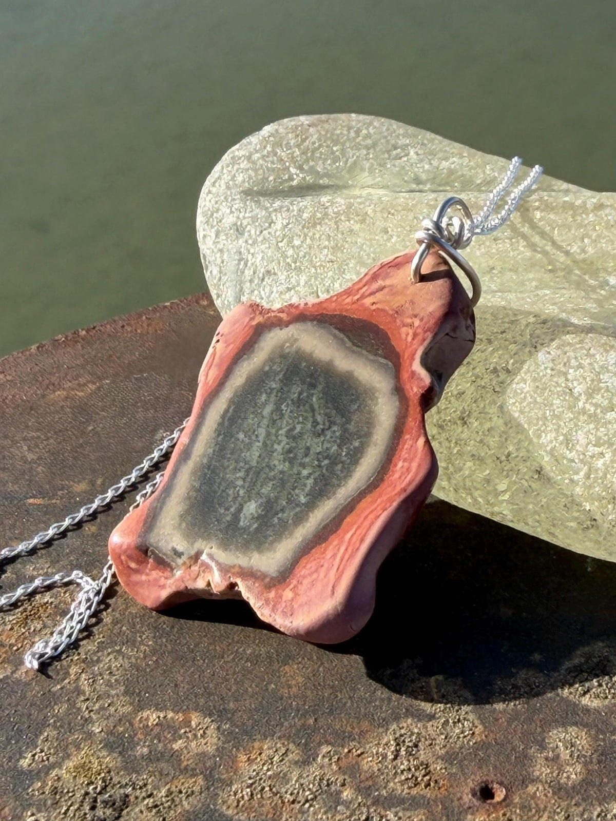 Eco friendly handmade necklace made from Rhodochrosite & recycled silver. Ethical jewellery. Unique handmade jewellery. Orange necklaces.