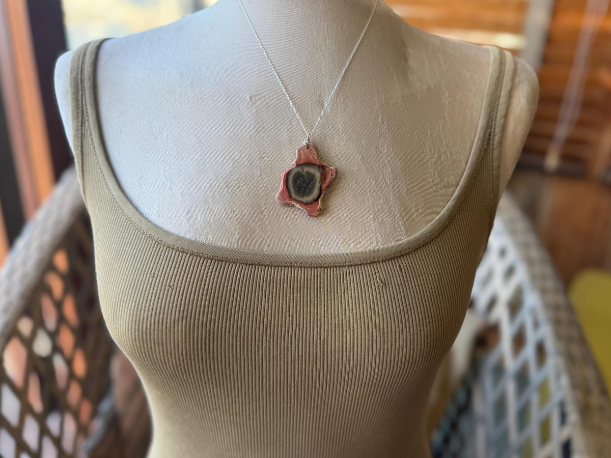Eco friendly handmade necklace made from Rhodochrosite & recycled silver. Ethical jewellery. Unique handmade jewellery. Orange necklaces.