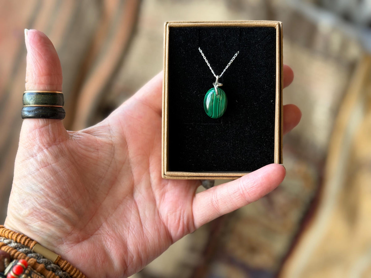 Green malachite gemstone necklace, malachite pendant, small gemstone necklace. Handmade gemstone necklace, boho eco friendly gift for her.