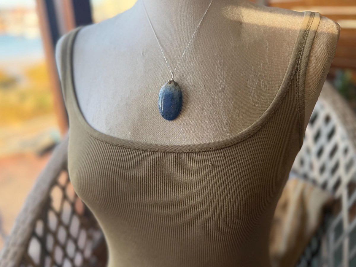 Blue papagoite necklace, ethical jewellery, bohemian necklace, unusual jewellery, papagoite pendant, blue gemstone necklace. Boho jewellery
