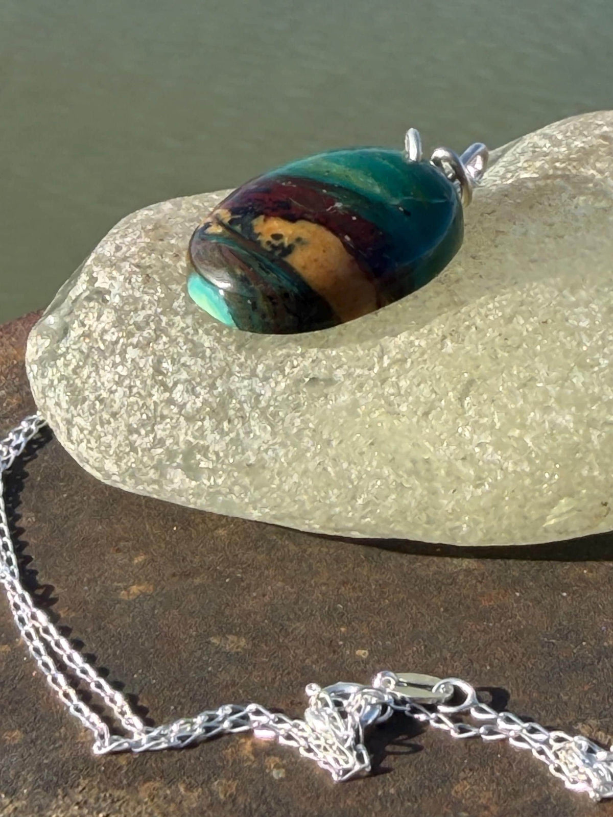 Green opalised wood necklace, ethical jewellery, bohemian necklace, unusual jewellery, unique eco friendly pendant,  red gemstone necklace.