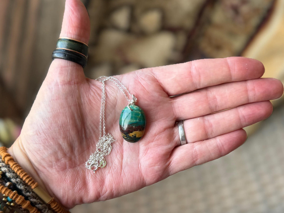 Green opalised wood necklace, ethical jewellery, bohemian necklace, unusual jewellery, unique eco friendly pendant,  red gemstone necklace.