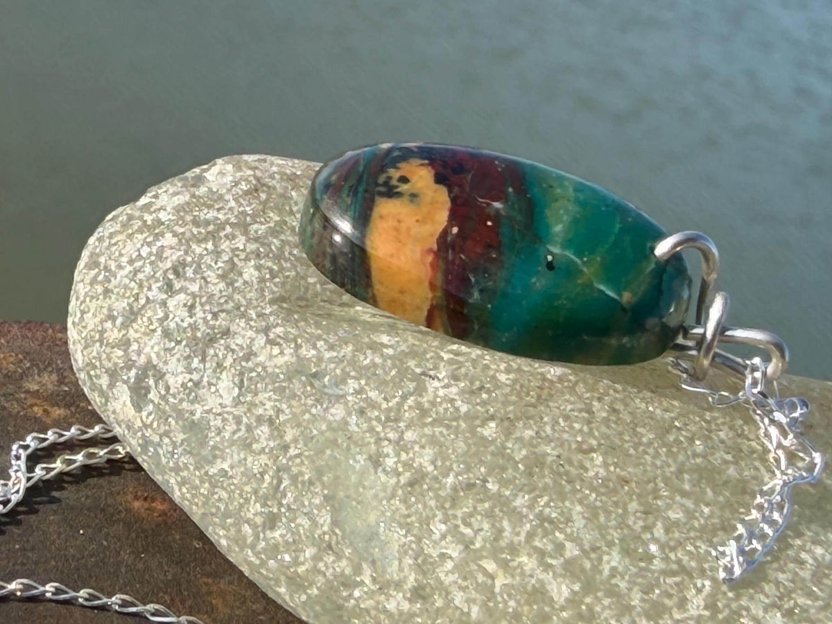 Green opalised wood necklace, ethical jewellery, bohemian necklace, unusual jewellery, unique eco friendly pendant,  red gemstone necklace.