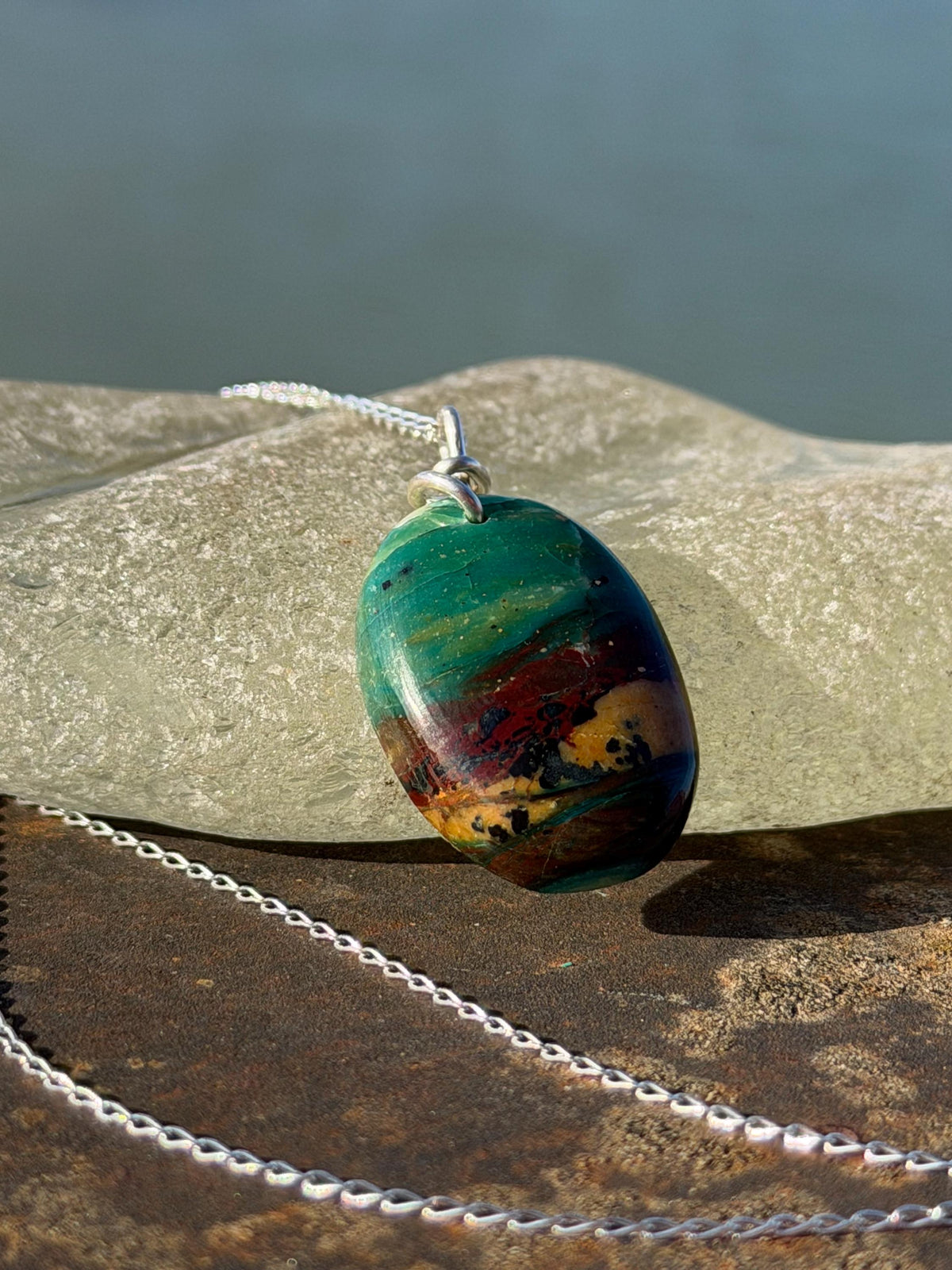 Green opalised wood necklace, ethical jewellery, bohemian necklace, unusual jewellery, unique eco friendly pendant,  red gemstone necklace.