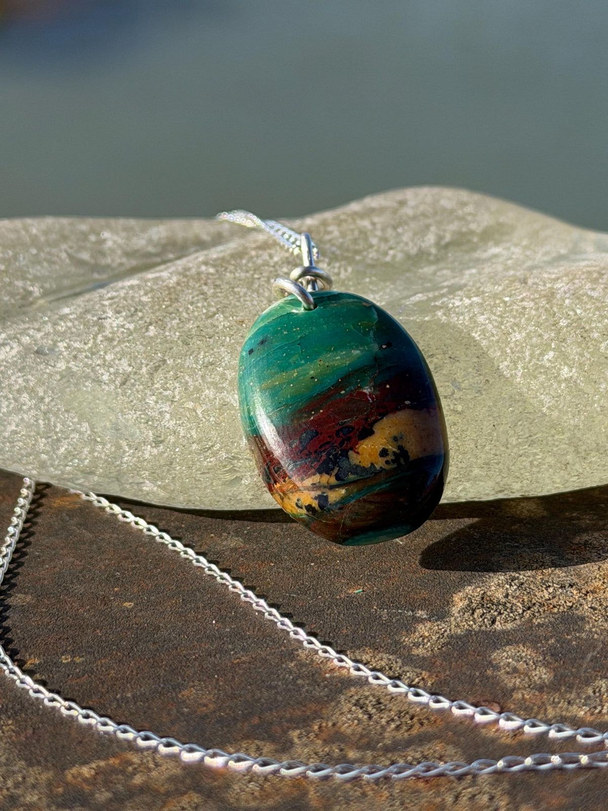 Green opalised wood necklace, ethical jewellery, bohemian necklace, unusual jewellery, unique eco friendly pendant,  red gemstone necklace.