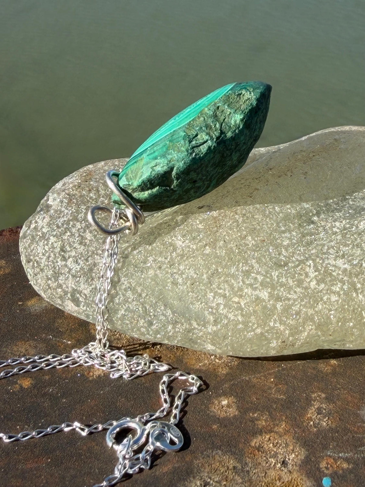 Stunning malachite necklace on recycled sterling silver. Boho large green gemstone necklace, ethically sourced and eco friendly. Unique gift