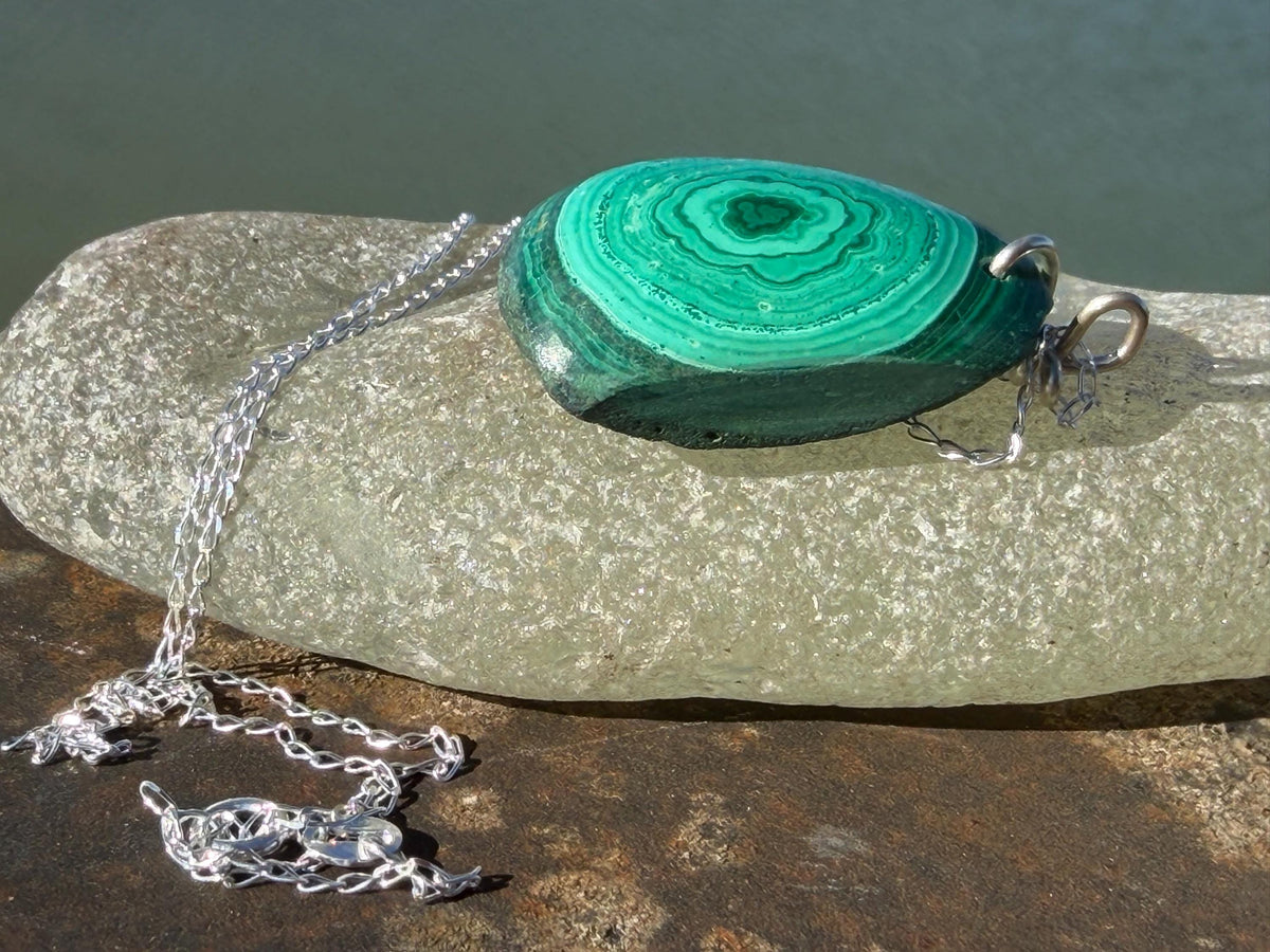 Stunning malachite necklace on recycled sterling silver. Boho large green gemstone necklace, ethically sourced and eco friendly. Unique gift